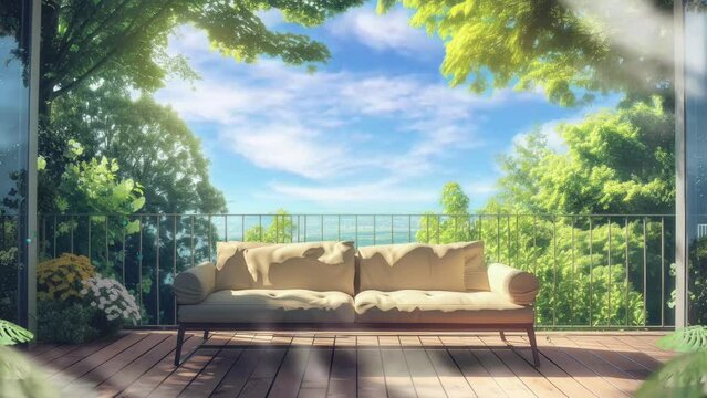 Beautiful and peaceful fantasy landscape background seen from the balcony of the house with sofa. seamless looping time-lapse virtual video animation background