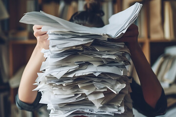 Persona estresada agarrandose la cabeza rodeado de papeles en oficina con exceso de trabajo  - obrazy, fototapety, plakaty