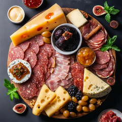 Cheese, prosciutto, salami on a wooden square board