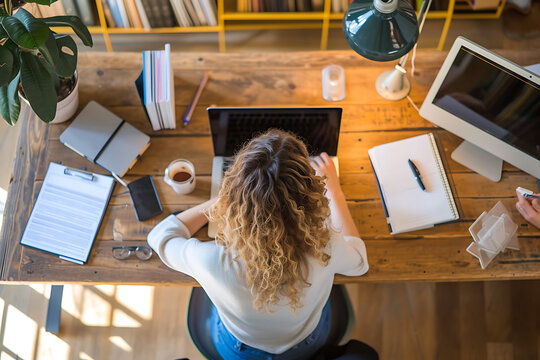 Mujer en escritorio trabajando con una laptop, cafe, papeles , libros 