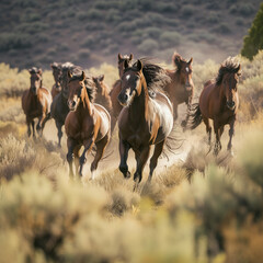 Wild Horses Galloping in Natural Habitat