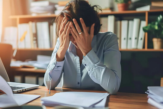 Mujer con estr&eacute;s  agarrandose la cabeza en su oficina 