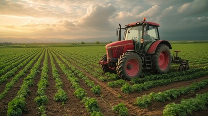 a tractor on a field of green produce