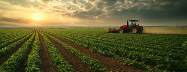 Foto op Canvas a tractor on a field of green produce © Ivy