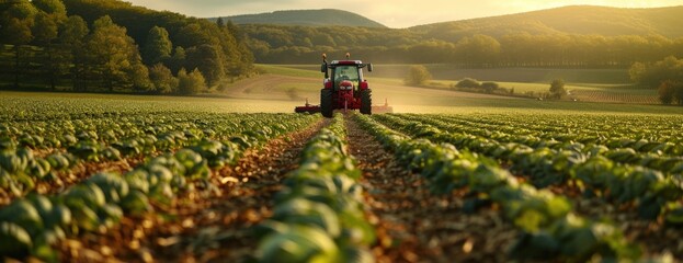 a tractor driving through a field of cabbage, in the style of light emerald and light crimson