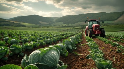 a tractor driving through a field of cabbage, in the style of light emerald and light crimson