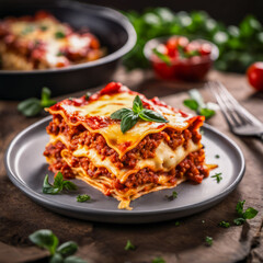 nutritious lasagna food on a wooden board