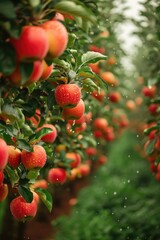 Obraz premium apple trees in the orchard in green dress, in the style of transport core