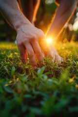a man is planting a plant on a grassy field at sunset, in the style of light white and light emerald