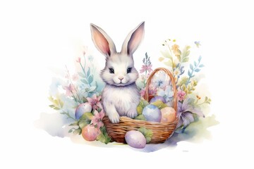 Cute Easter bunny in flowers, with a basket of eggs. Watercolor