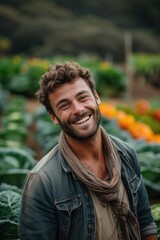 Naklejka na ściany i meble Joyful Gardener: A Man Smiles Among Eco-Architecture's Verdant Vegetable Rows.