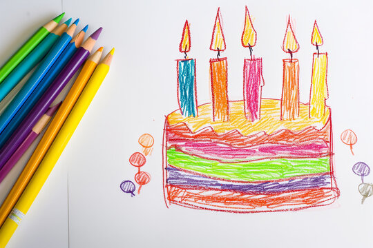 Happy birthday cake with candles 4 year old's simple scribble colorful juvenile crayon outline drawing