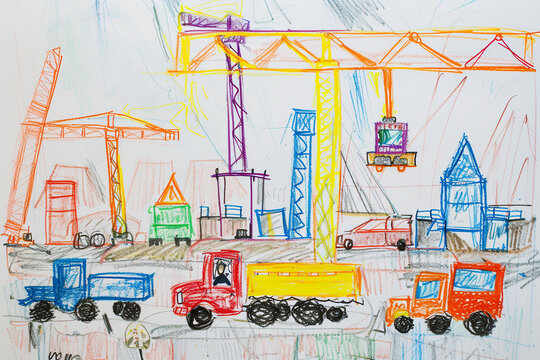 Busy construction site with trucks and cranes 4 year old's simple scribble colorful juvenile crayon outline drawing