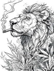 Obraz premium Un dibujo a blanco y negro de un león fumando con fondo blanco 