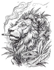Un dibujo a blanco y negro de un león  fumando con fondo blanco 