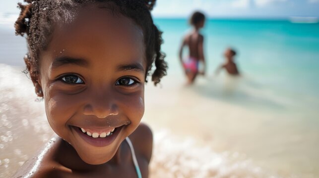 close up of a young black girl and family playing on the beach