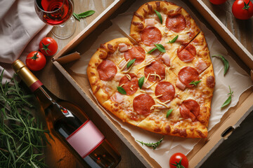 A bottle of wine next to a heart-shaped pizza in top view the concept of a happy date, Valentine's Day.
