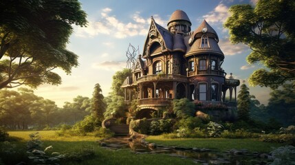 Illustration of a fantasy world old castle house - obrazy, fototapety, plakaty