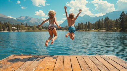 photograph of A little boy and little girl jumping off the dock into a beautiful mountain lake. Having fun on a summer vacation,  