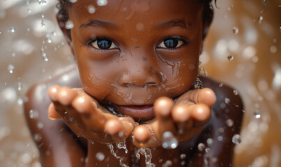 Poignant image donate Innocent Joy of a Child with Water, Emotive Appeal for Clean Water Donation