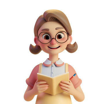 3D Cartoon Render of a Simple, Cute, Smiling Female Teacher Character, Isolated on Transparent Background, PNG