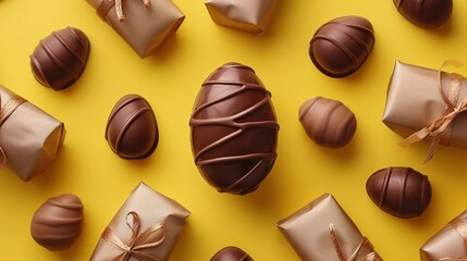 Unpacked chocolate Easter egg among wrapped ones on yellow background, closeup