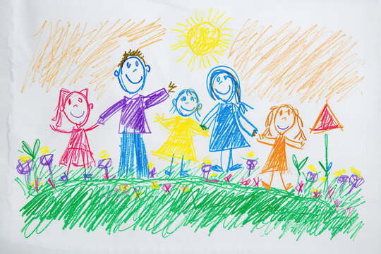 Happy family of four playing in the park 4 year old's simple scribble colorful juvenile crayon outline drawing