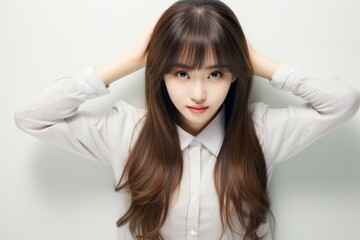 Fototapeta premium Young Asian woman, clad in a white shirt, stands before a white backdrop with her beautiful straight hair, exuding confidence with her smile. Generative AI.