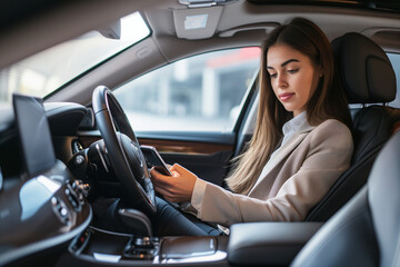 Fototapeta na wymiar Modern Mobility, Stylish Woman Using Technology in Luxury Car