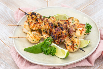 Grilled shrimp skewers. Seafood, shellfish.