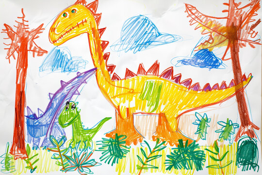 Dinosaur stomping through a prehistoric landscape 4 year old's simple scribble colorful juvenile crayon outline drawing