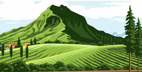 vector design of natural scenery in beautiful countryside, with plantation fields, mountains and trees all around