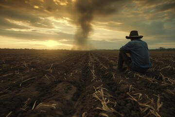 Despairing farmer, scorched fields under drought, twisted dying crops, bleak agricultural landscape