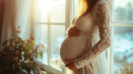 Close-up of joyful pregnant woman, big belly by the window, pregnancy and expectation theme - obrazy, fototapety, plakaty