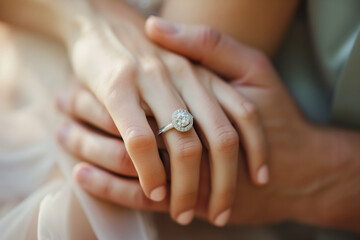 Obraz na płótnie Canvas Diamond engagement ring close-up on hand, marriage proposal