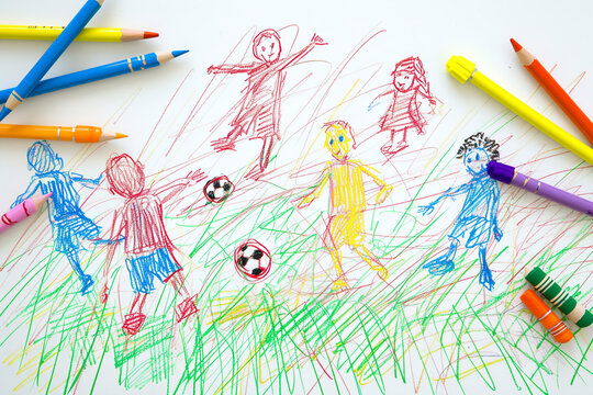 Soccer game with kids kicking a ball 4 year old's simple scribble colorful juvenile crayon outline drawing