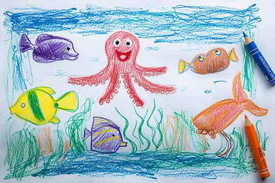 Underwater scene with friendly fish and a smiling octopus 4 year old's simple scribble colorful juvenile crayon outline drawing