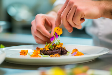 Obraz na płótnie Canvas Chef's hands put decorations on a dish with greens and flowers, food decorations in a restaurant