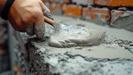 A hand holding a plaster trowel is plastering plaster on top of a brick block