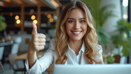 Businesswoman using laptop with thumbs up in the office