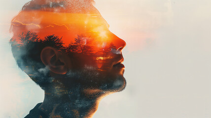 A man with his eyes closed in meditation, with the rising sun behind him, on a white background, scenic texture