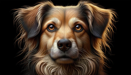 Close-up of the dog in a horizontal orientation, highlighting the photorealistic textures and details. The image reveals the subtle features of the dog's coat, eyes and expression, drawn with great de