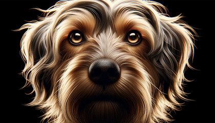 A highly detailed photorealistic close-up of a dog, oriented horizontally. The image captures the intricate detail of the dog's fur, eyes and facial expressions, revealing texture and depth in high de