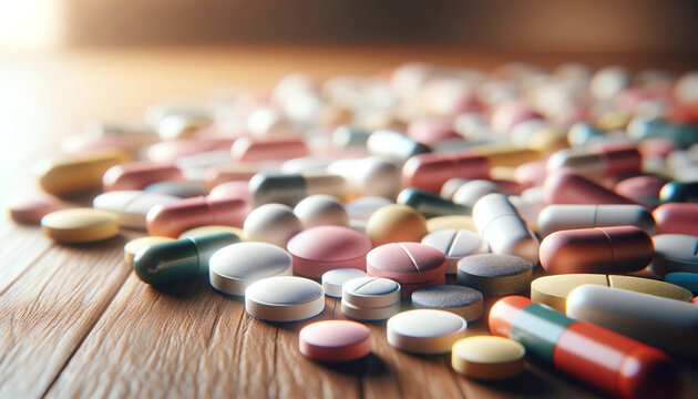 Horizontal photorealistic image of a set of medical pills scattered on a wooden surface. One tablet is in the foreground, and the rest are slightly blurred in the background. The image is highly detai
