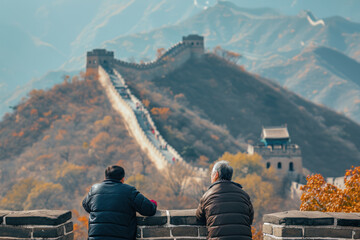 Couple admiring vacation during autumn. Travel and exploration.