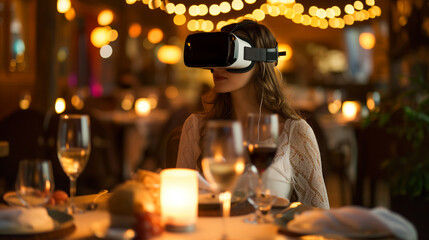 Beautiful young girl in a restaurant dining with virtual reality goggles, - Powered by Adobe