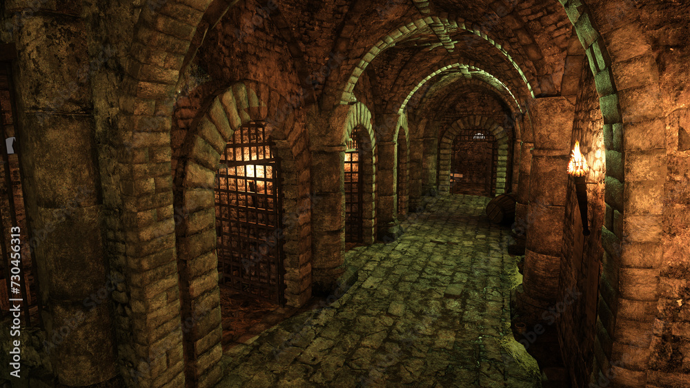 Poster Passage in an old medieval castle dungeon with a row of empty jail cells. 3D illustration.