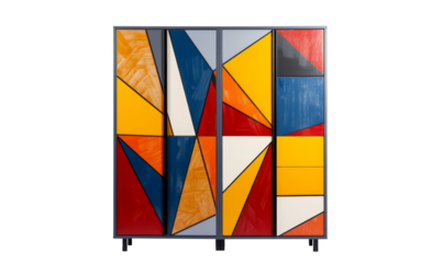 Abstract geometric patterns on a modern storage cabinet.