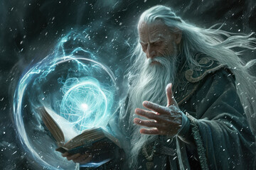 Elderly wizard character casting spell with magical book and orb. Fantasy and storytelling.