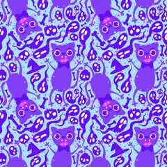 Cartoon Halloween animals seamless cats pattern for wrapping paper and fabrics and kids and party accessories